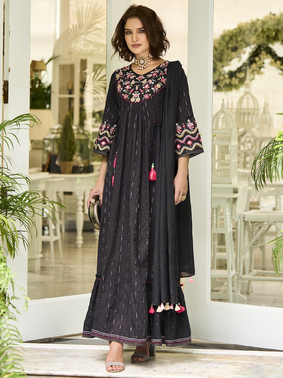 Women's Floral Embroidered V-Neck Tie-Ups Detail Maxi Cotton A-Line Dress With Dupatta - Navyaa