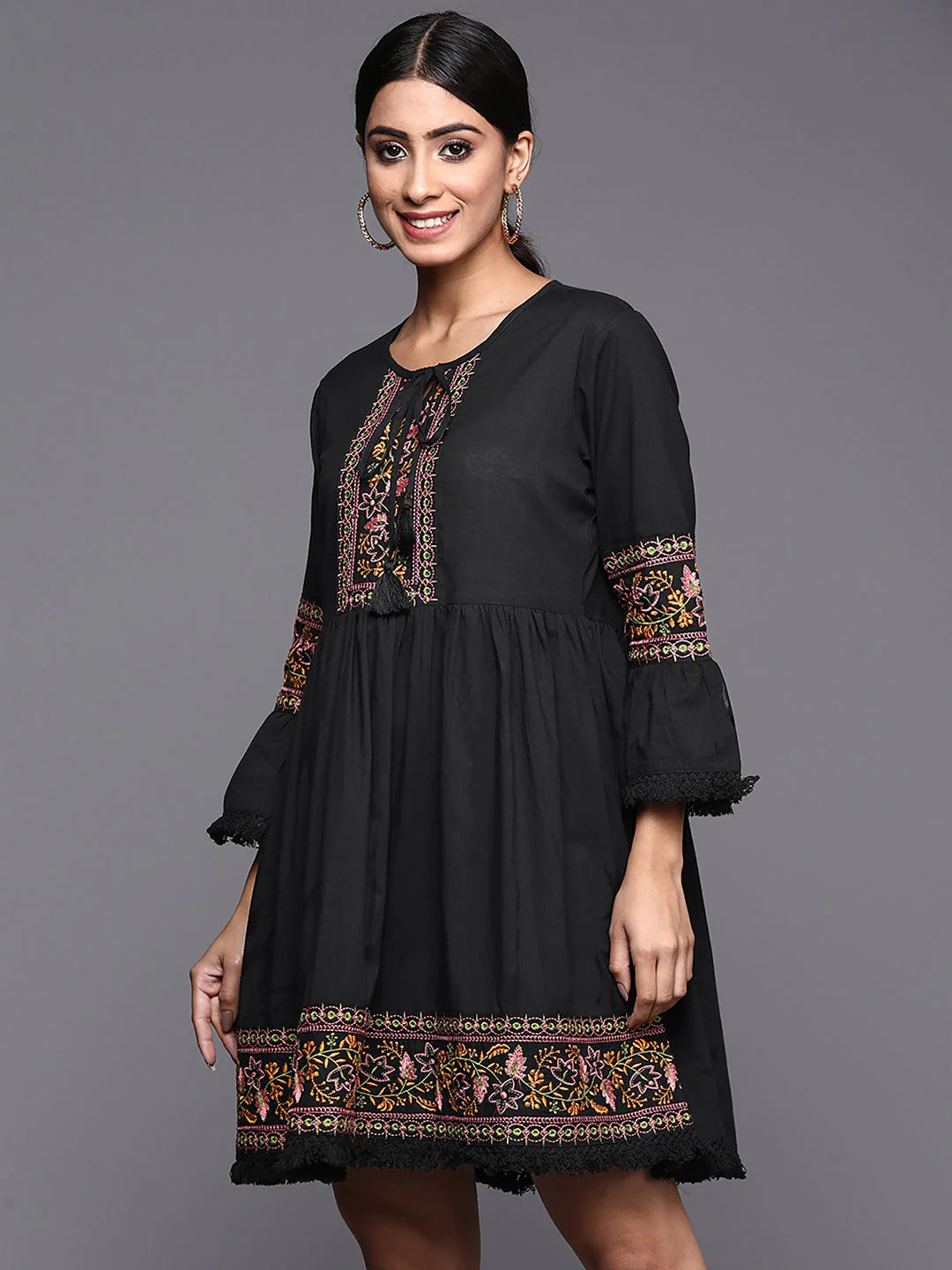 Women's Black Embroidered A-Line Ethnic Dress - Navyaa