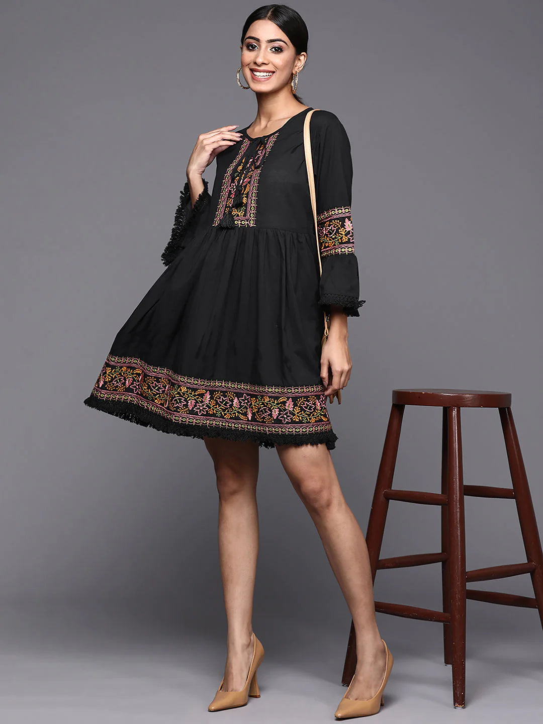 Women's Black Embroidered A-Line Ethnic Dress - Navyaa
