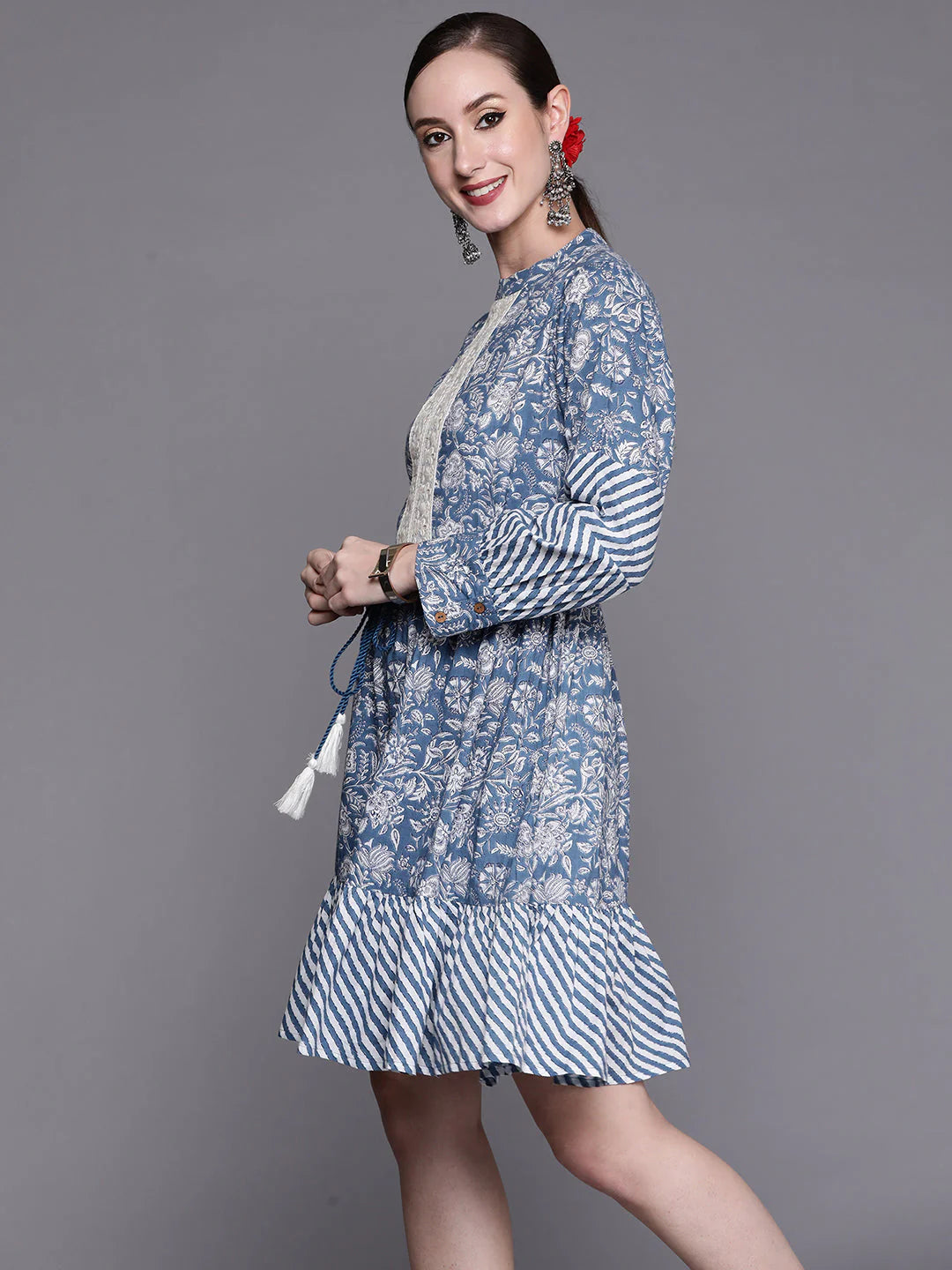 Women's Blue Printed A-Line Ethnic Dress - Navyaa