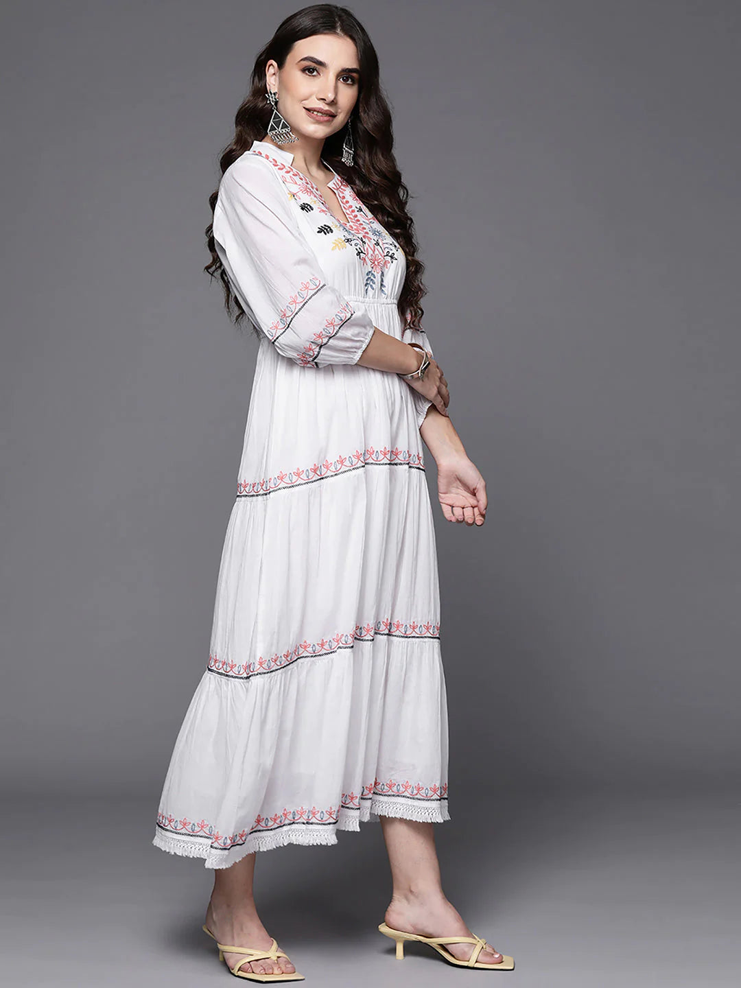 Women's White Embroidered A-Line Ethnic Dress - Navyaa