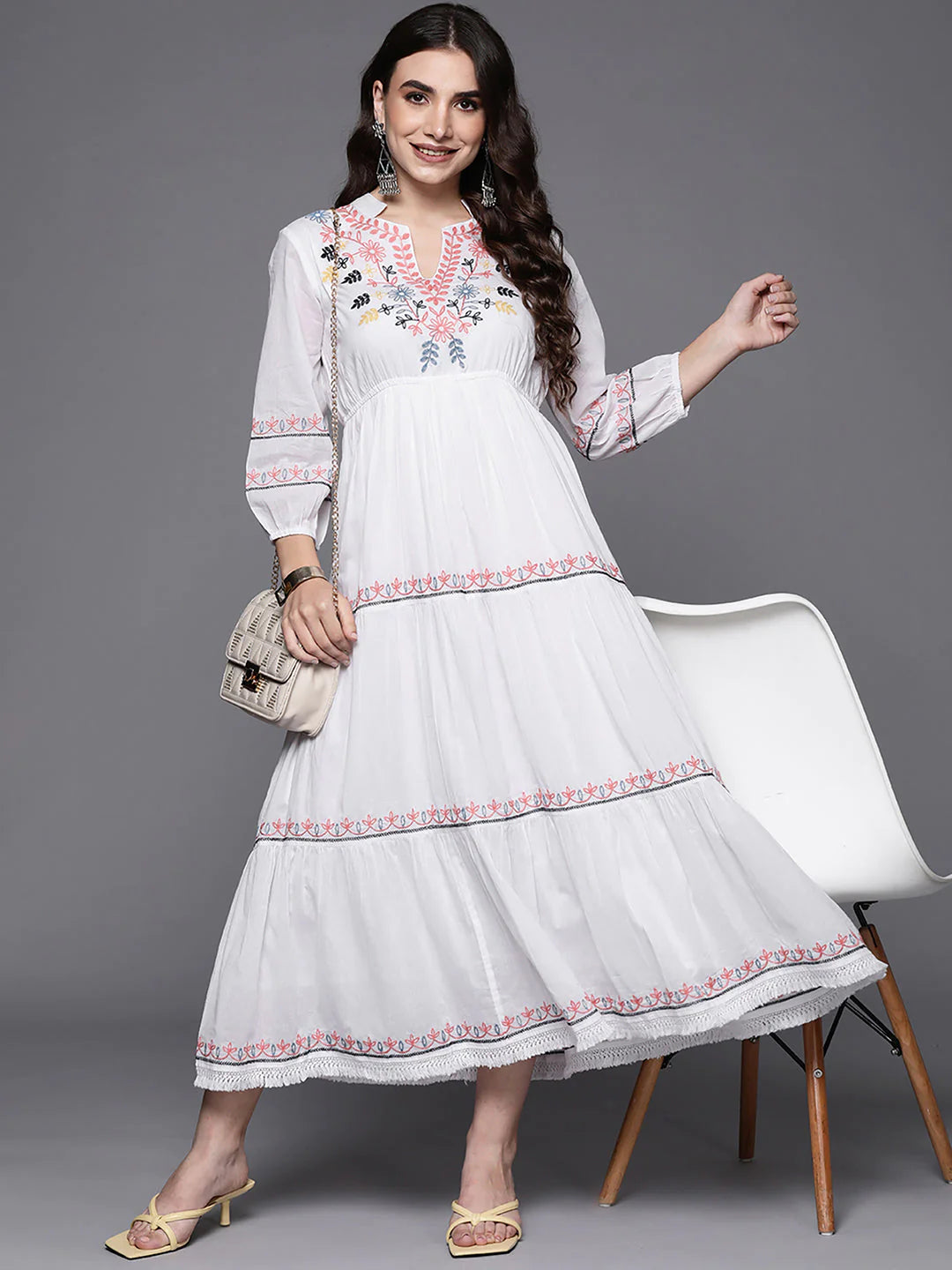 Women's White Embroidered A-Line Ethnic Dress - Navyaa