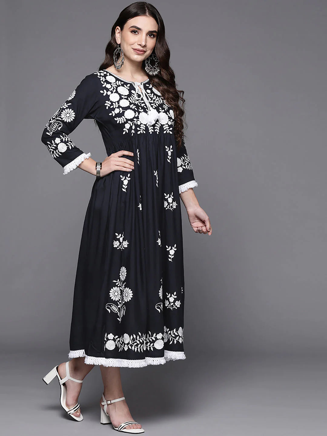 Women's Blue Embroidered A-Line Ethnic Dress - Navyaa