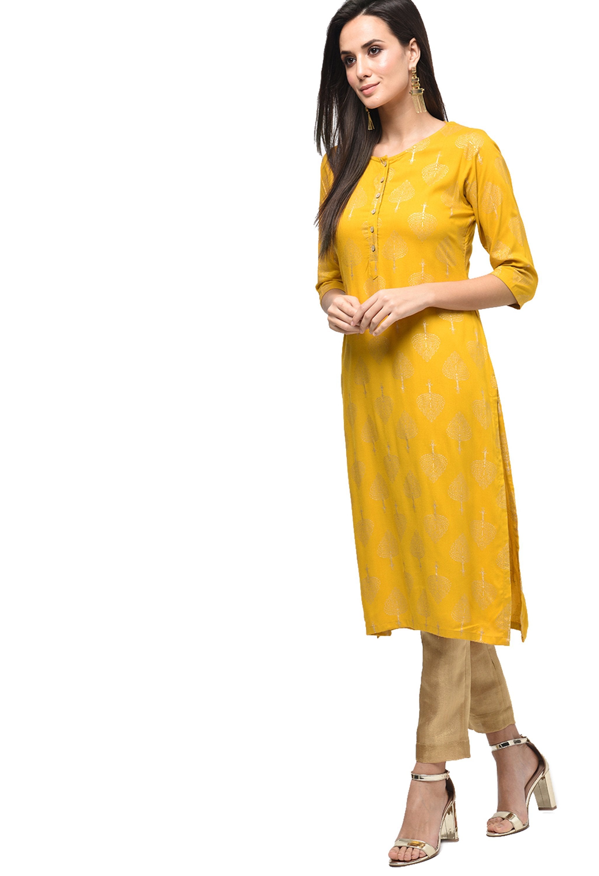Women's Yellow Rayon Printed 3/4 Sleeve Round Neck Casual Kurta Only - Myshka