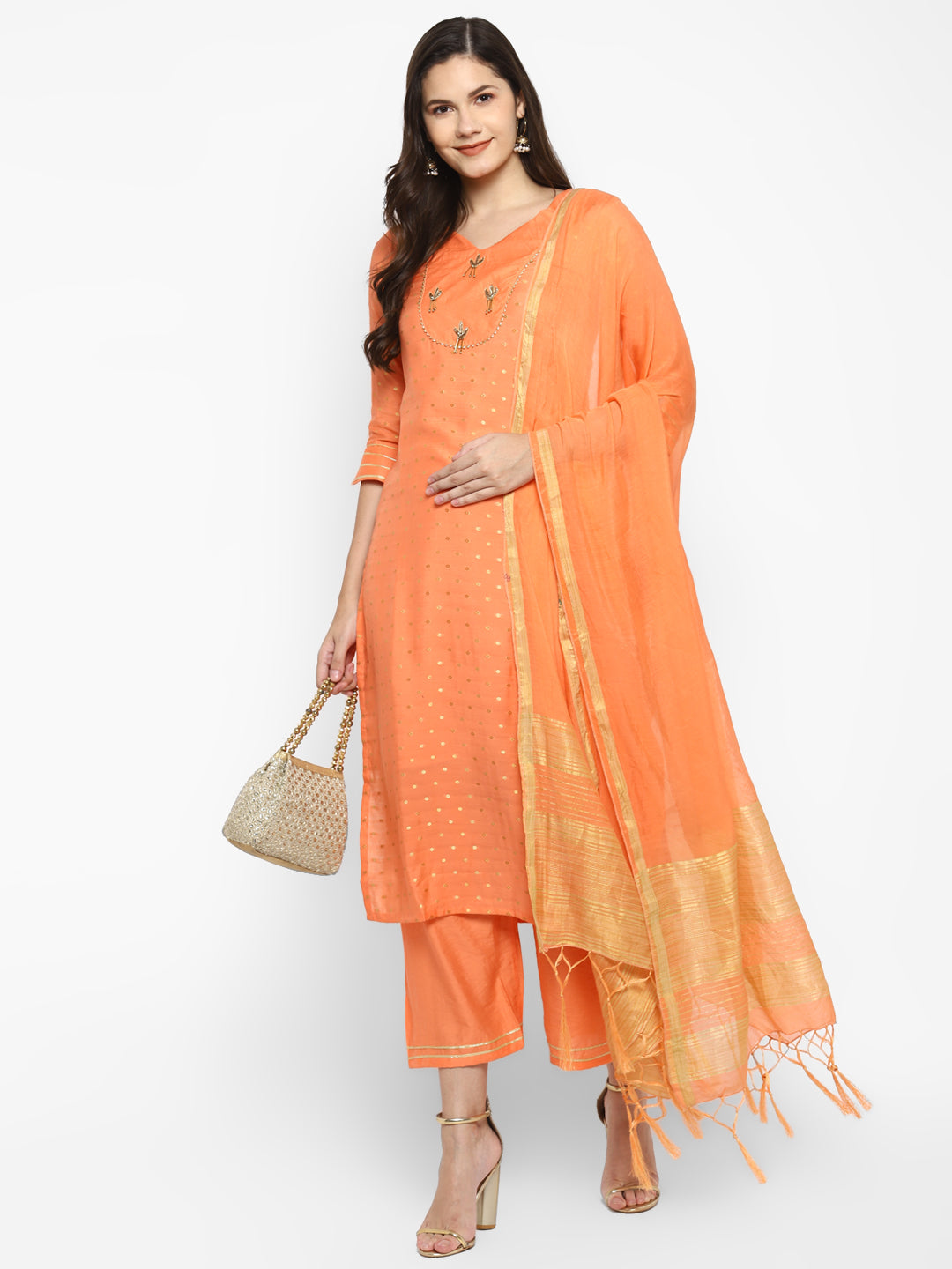 Women's Orange Color Chanderi Silk Embroidered Straight Kurta Palazzo With Dupatta - VAABA