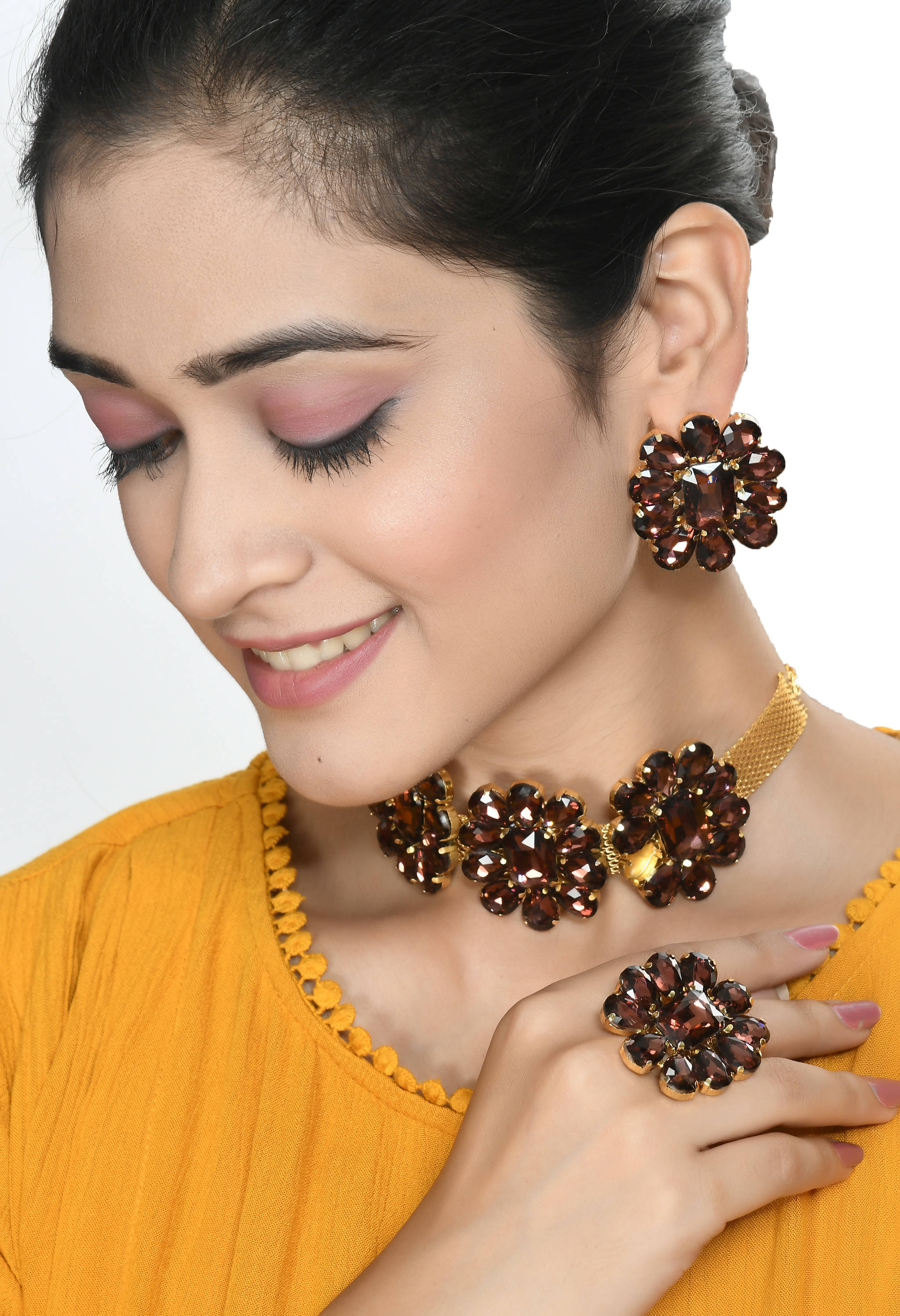 Johar Kamal Designer Golden Plating Choker Set with Earrings and Ring Jkms_176