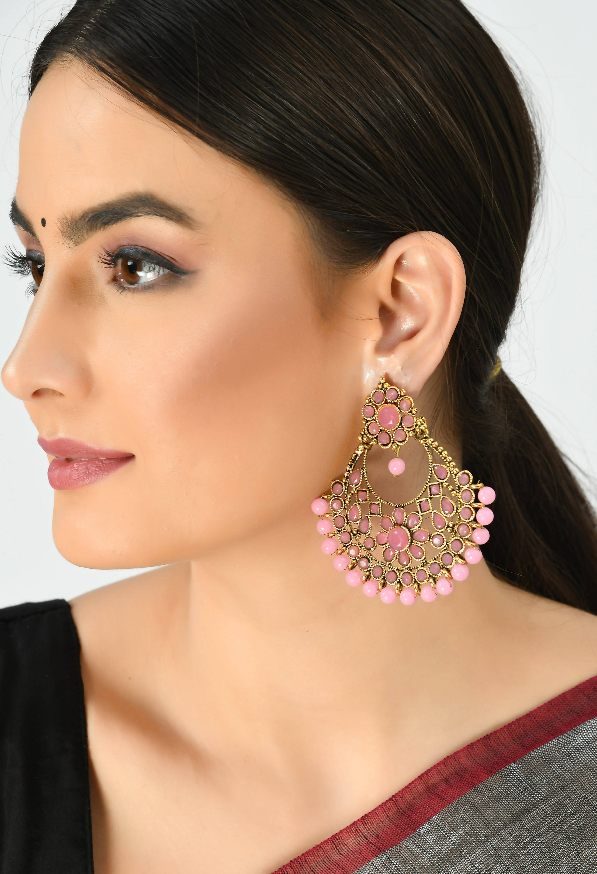 Golden and Pink beaded Earrings by Kamal Johar (1 Pc Set)