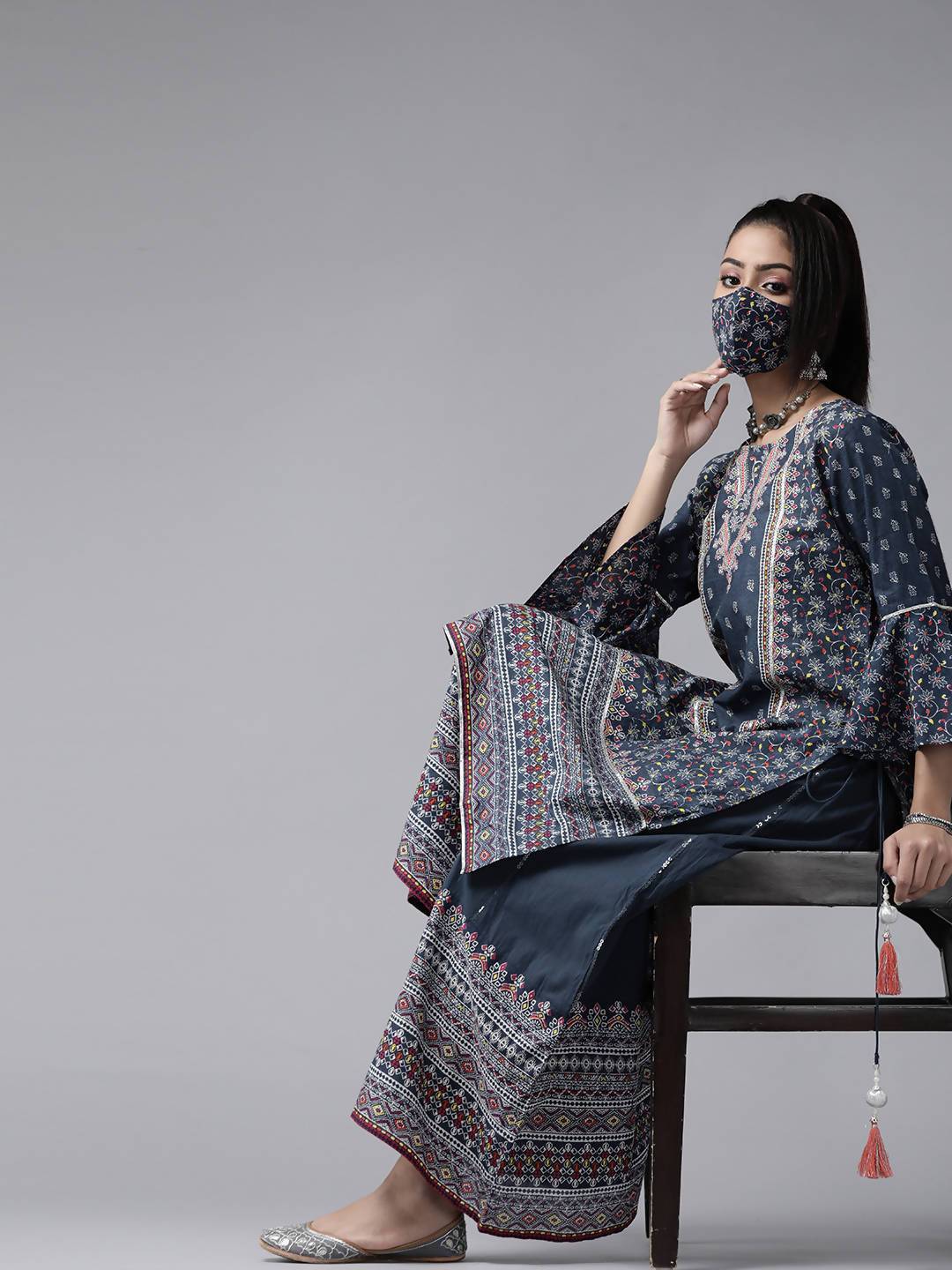 Women's Indigo Cambric Floral Print High-Low Kurta Palazzo Set With Mask - Juniper