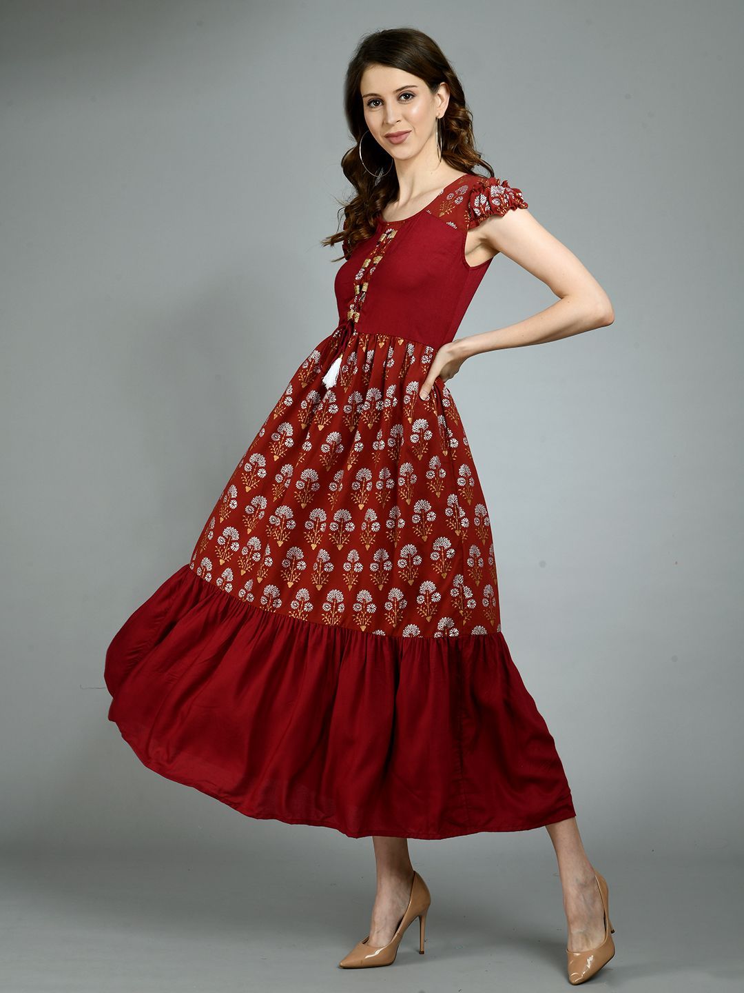 Women's Maroon Cotton Printed Sleeveless Round Neck Casual Dress - Myshka