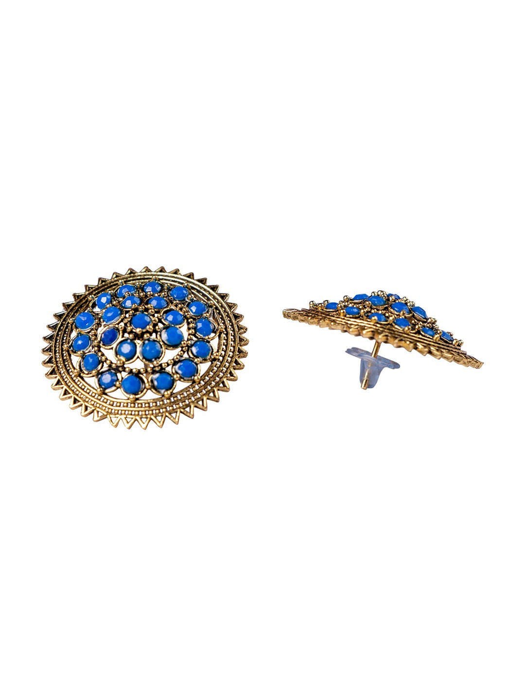 Women's Navy Blue Gold Plated Circular Artificial Beaded Handcrafted Studs Earrings - Morkanth