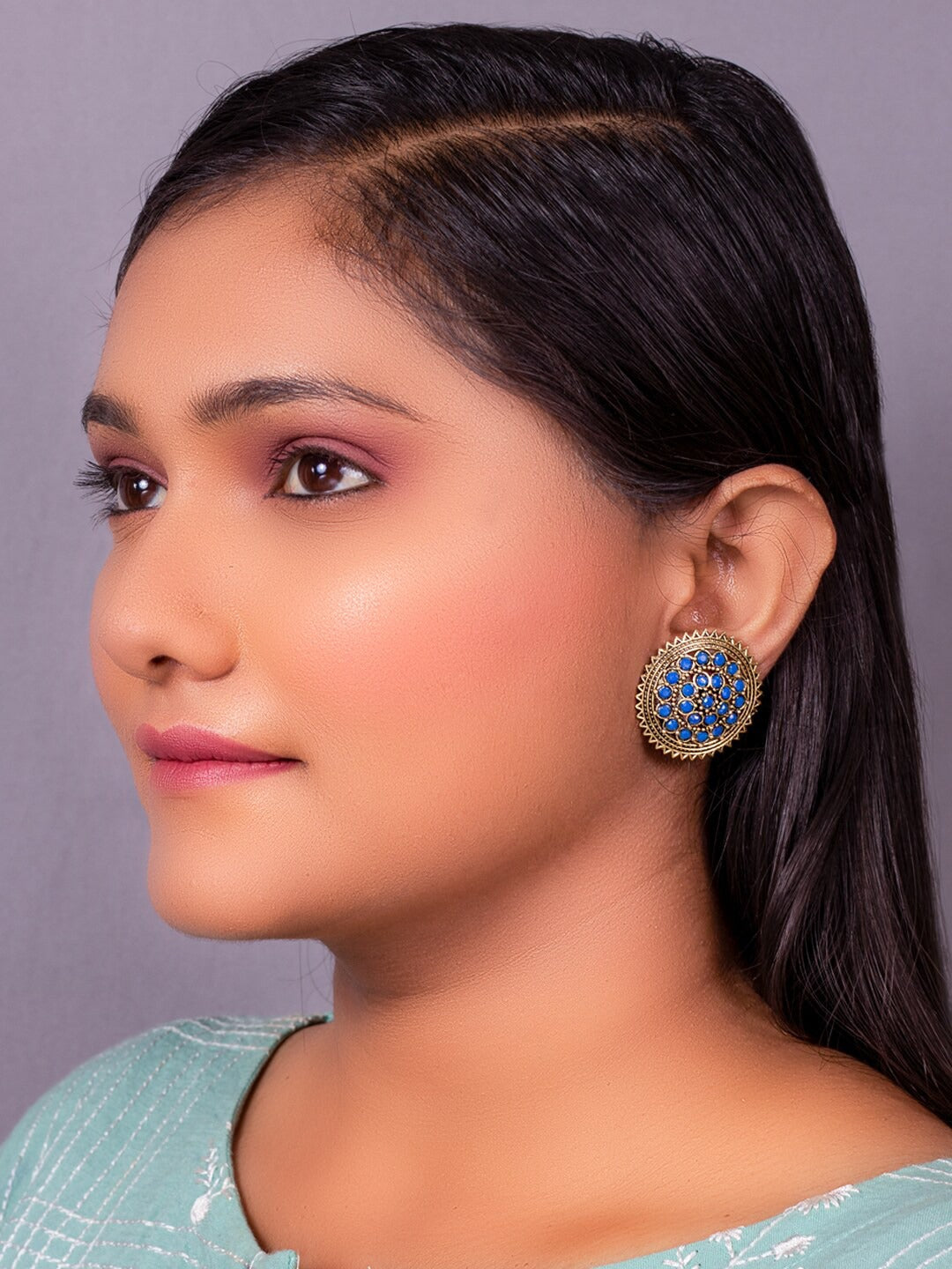 Women's Navy Blue Gold Plated Circular Artificial Beaded Handcrafted Studs Earrings - Morkanth
