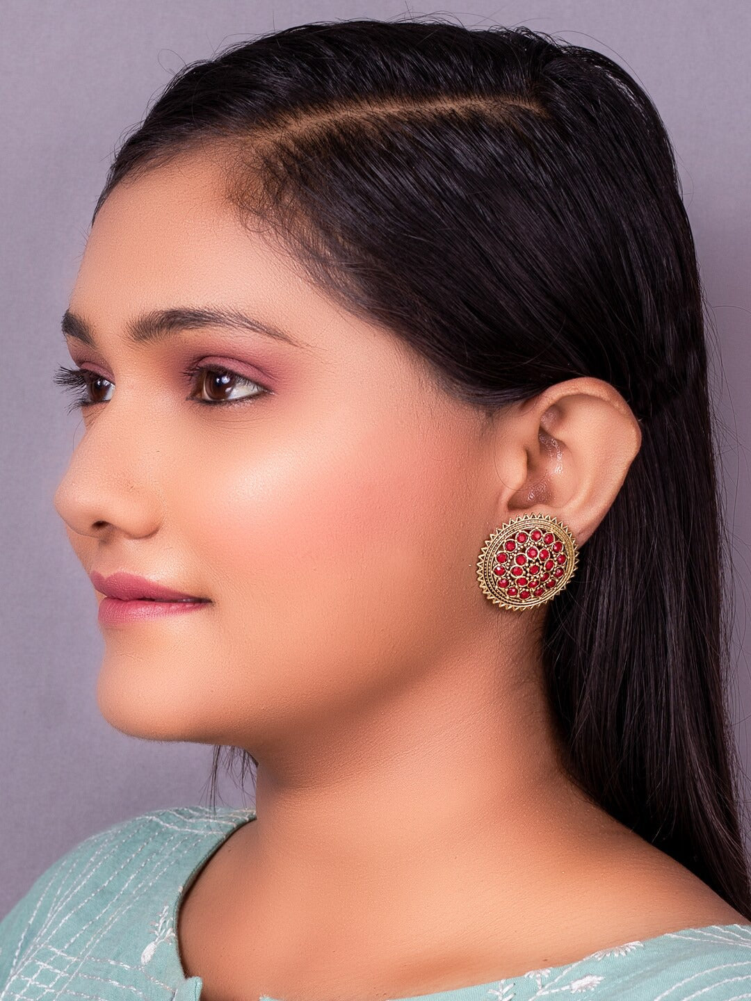 Women's Red Gold Plated Circular Artificial Beaded Handcrafted Studs Earrings - Morkanth