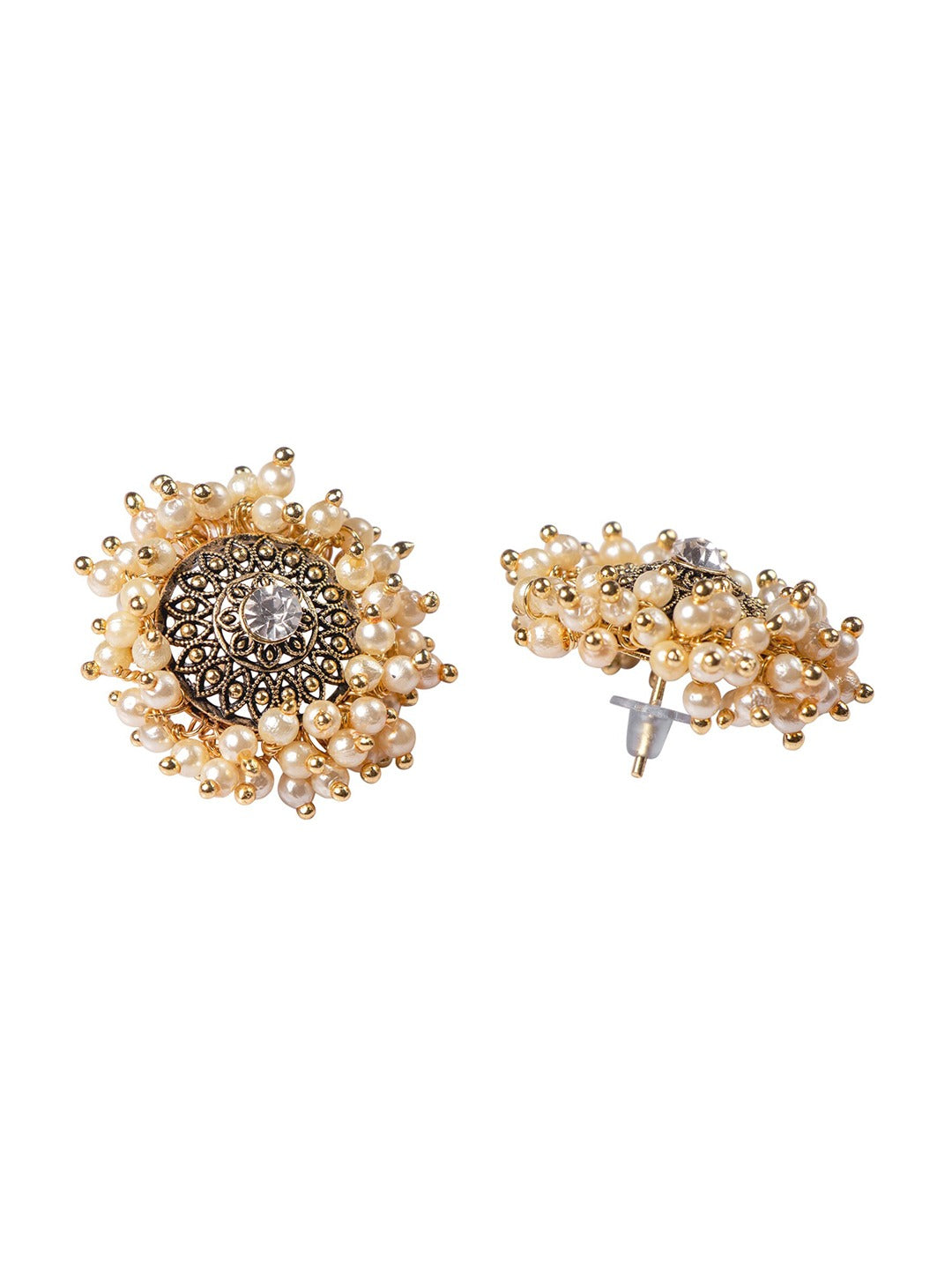 Women's Gold Pleated Pearl Round Studs Earrings - Morkanth