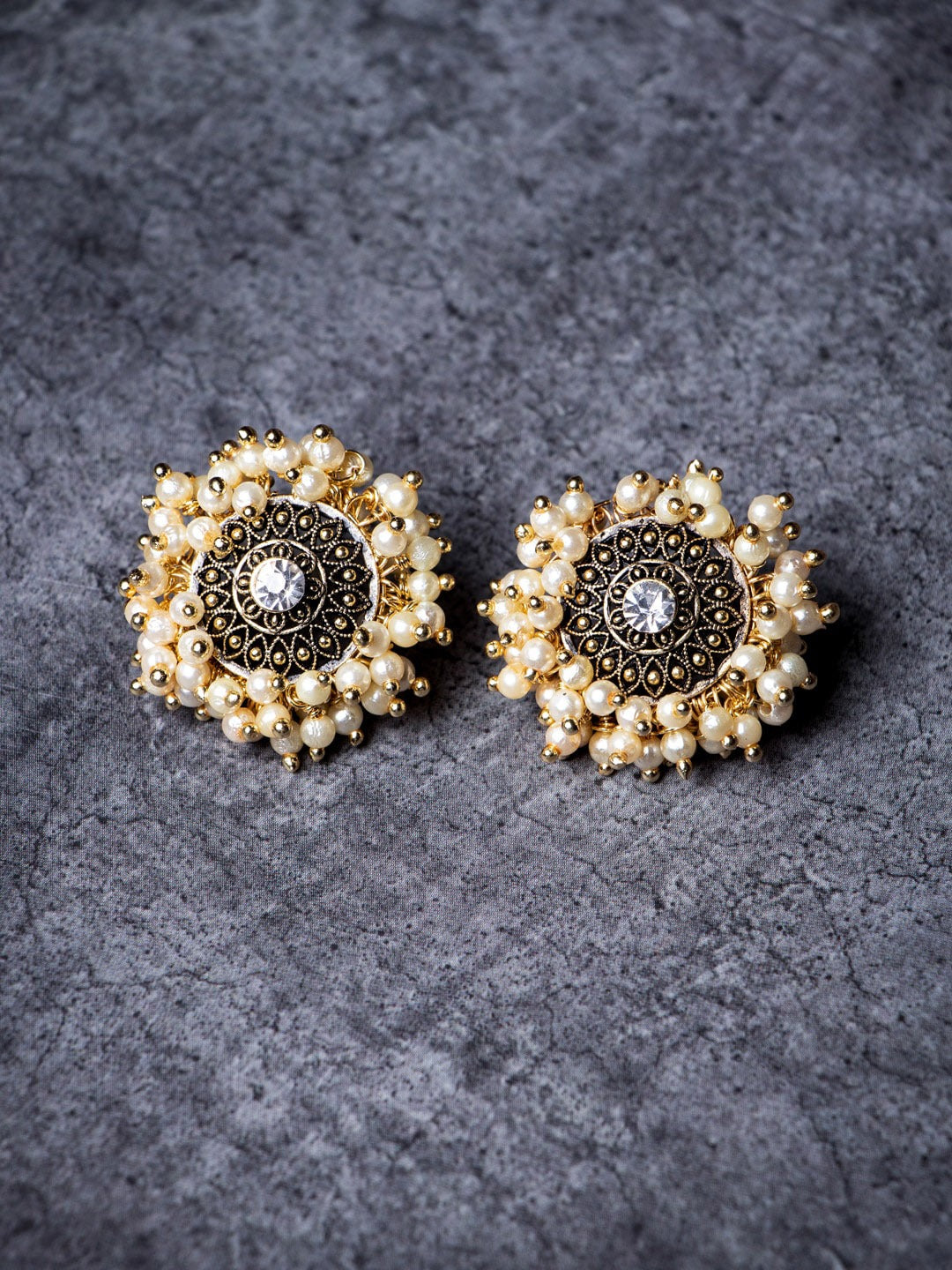 Women's Gold Pleated Pearl Round Studs Earrings - Morkanth
