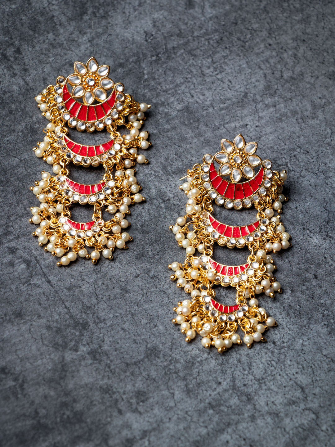 Women's Gold-Toned Pink Enamel Kundan Studded & Pearl Beaded Chandbali Earrings - Morkanth