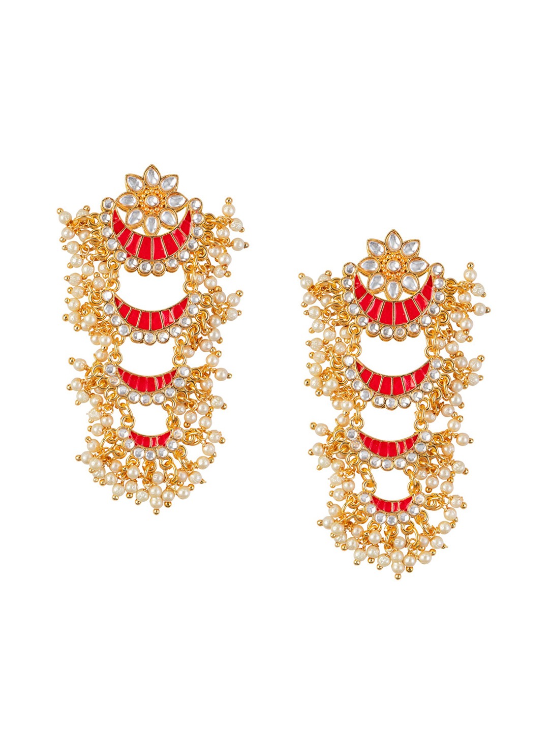 Women's Gold-Toned Pink Enamel Kundan Studded & Pearl Beaded Chandbali Earrings - Morkanth