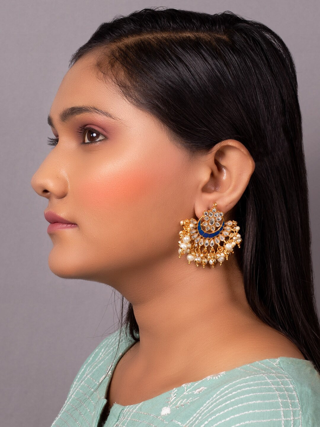 Women's Navy Blue & Gold-Toned Contemporary Chandbalis Earrings - Morkanth