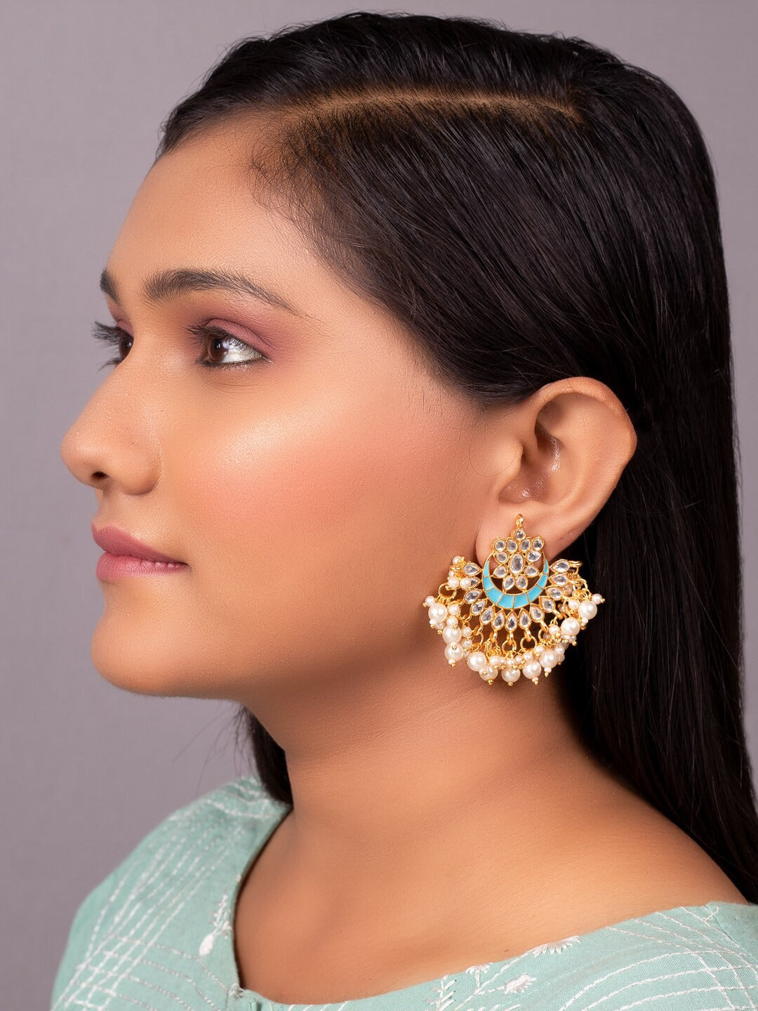Women's Blue & Gold-Toned Contemporary Chandbalis Earrings - Morkanth
