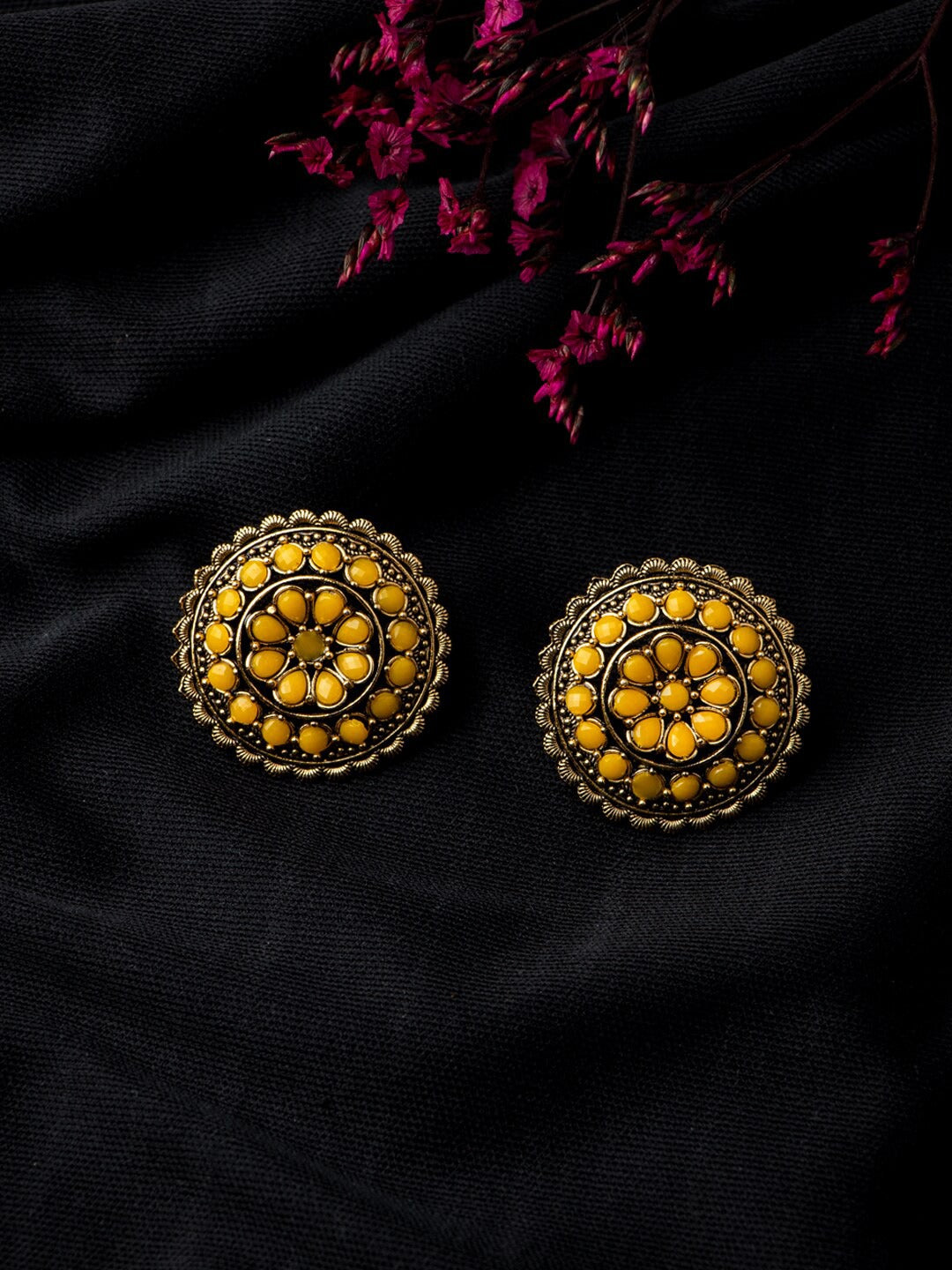 Women's Yellow Gold Plated Circular Artificial Beaded Handcrafted Studs Earrings - Morkanth