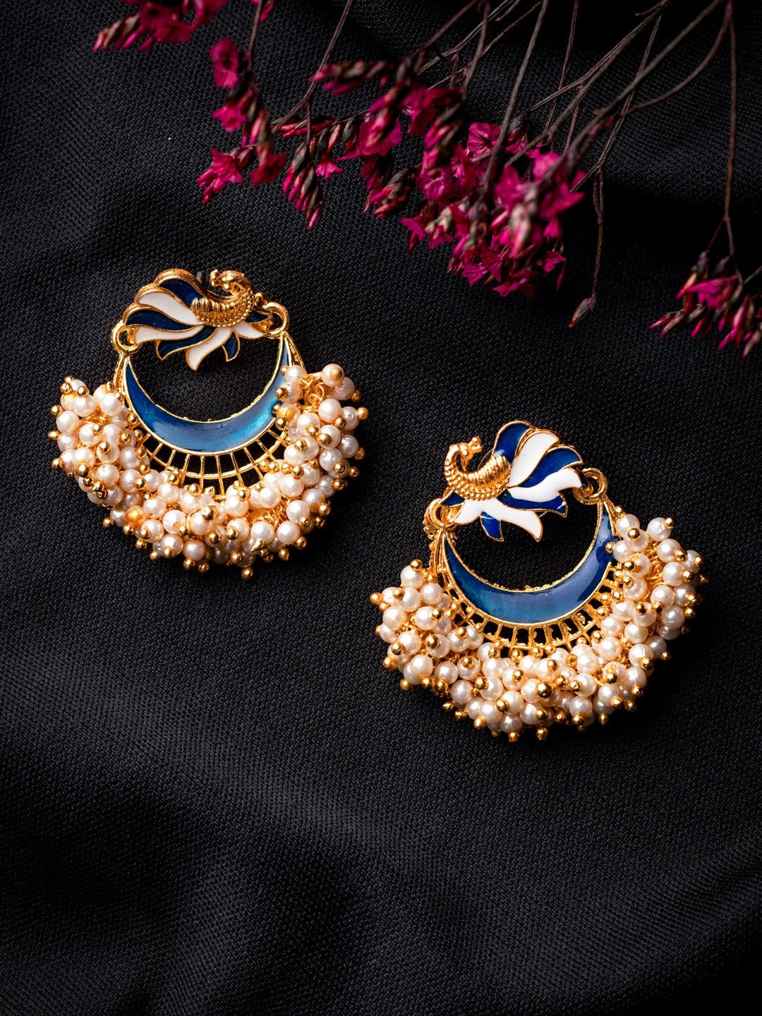 Women's Blue Gold-Toned Pearl Beaded Enamelled Peacock Shaped Chandbali Earring - Morkanth