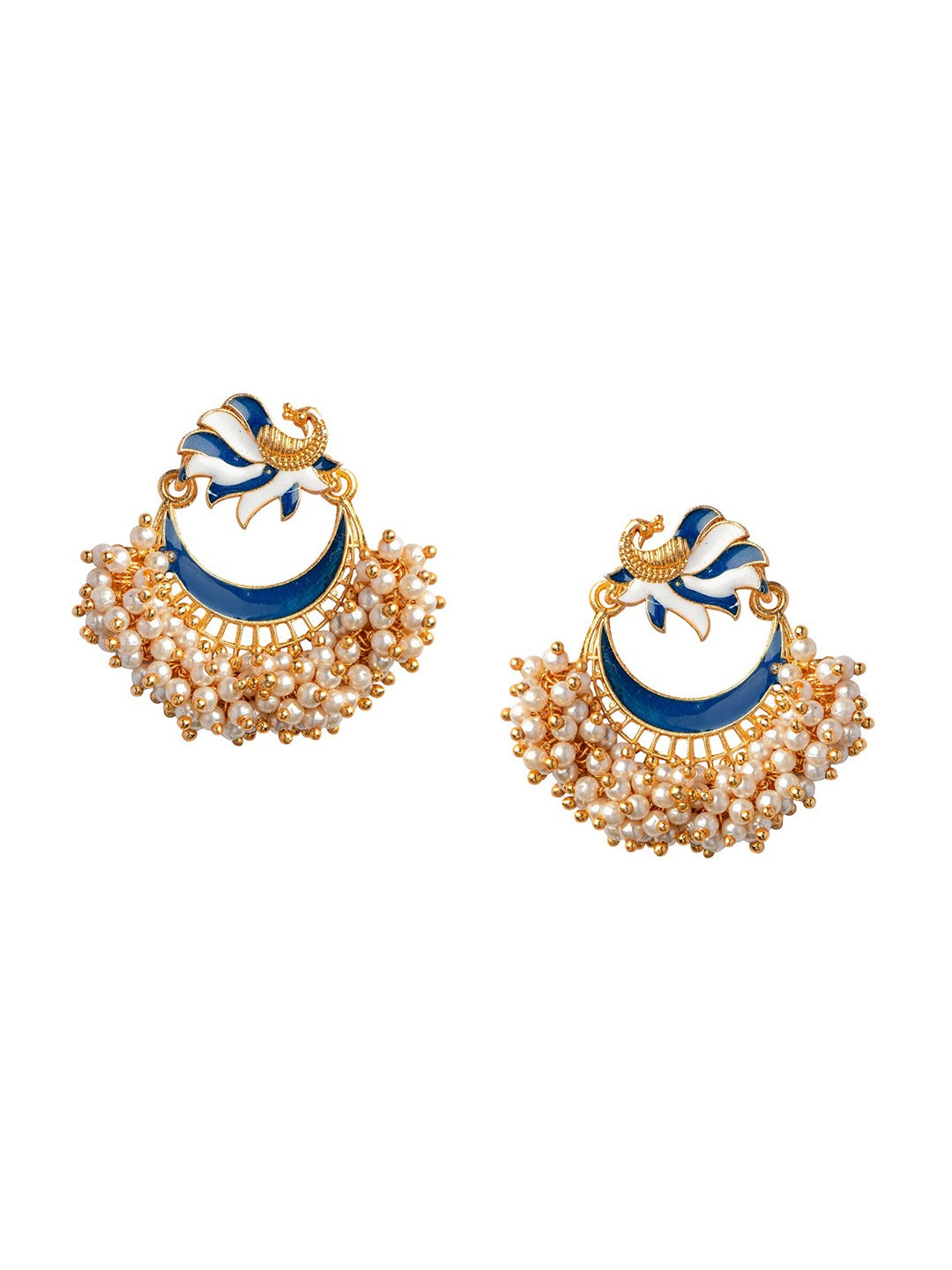 Women's Blue Gold-Toned Pearl Beaded Enamelled Peacock Shaped Chandbali Earring - Morkanth