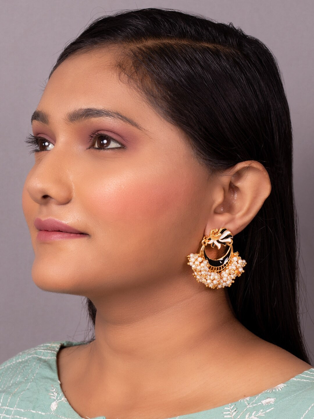 Women's Black Gold-Toned Pearl Beaded Enamelled Peacock Shaped Chandbali Earring - Morkanth