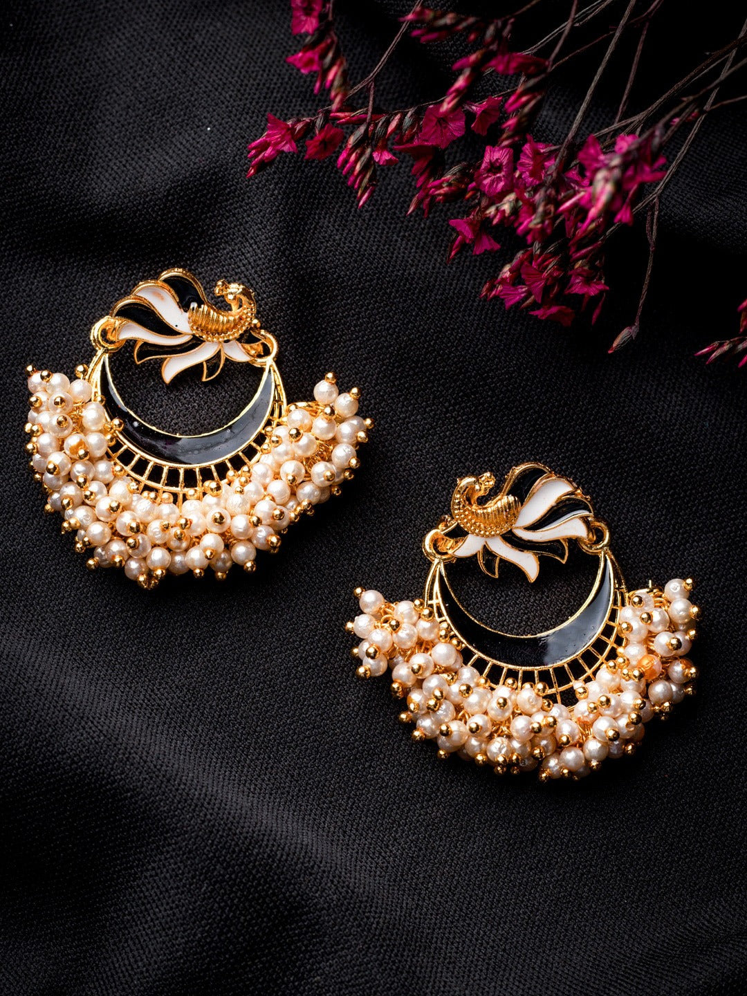 Women's Black Gold-Toned Pearl Beaded Enamelled Peacock Shaped Chandbali Earring - Morkanth