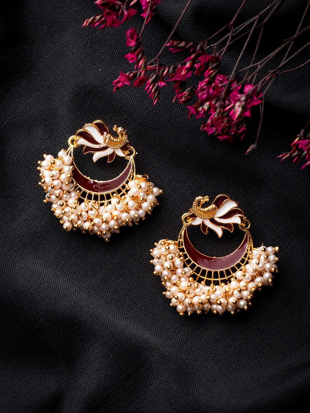 Women's Brown Gold-Toned Pearl Beaded Enamelled Peacock Shaped Chandbali Earring - Morkanth