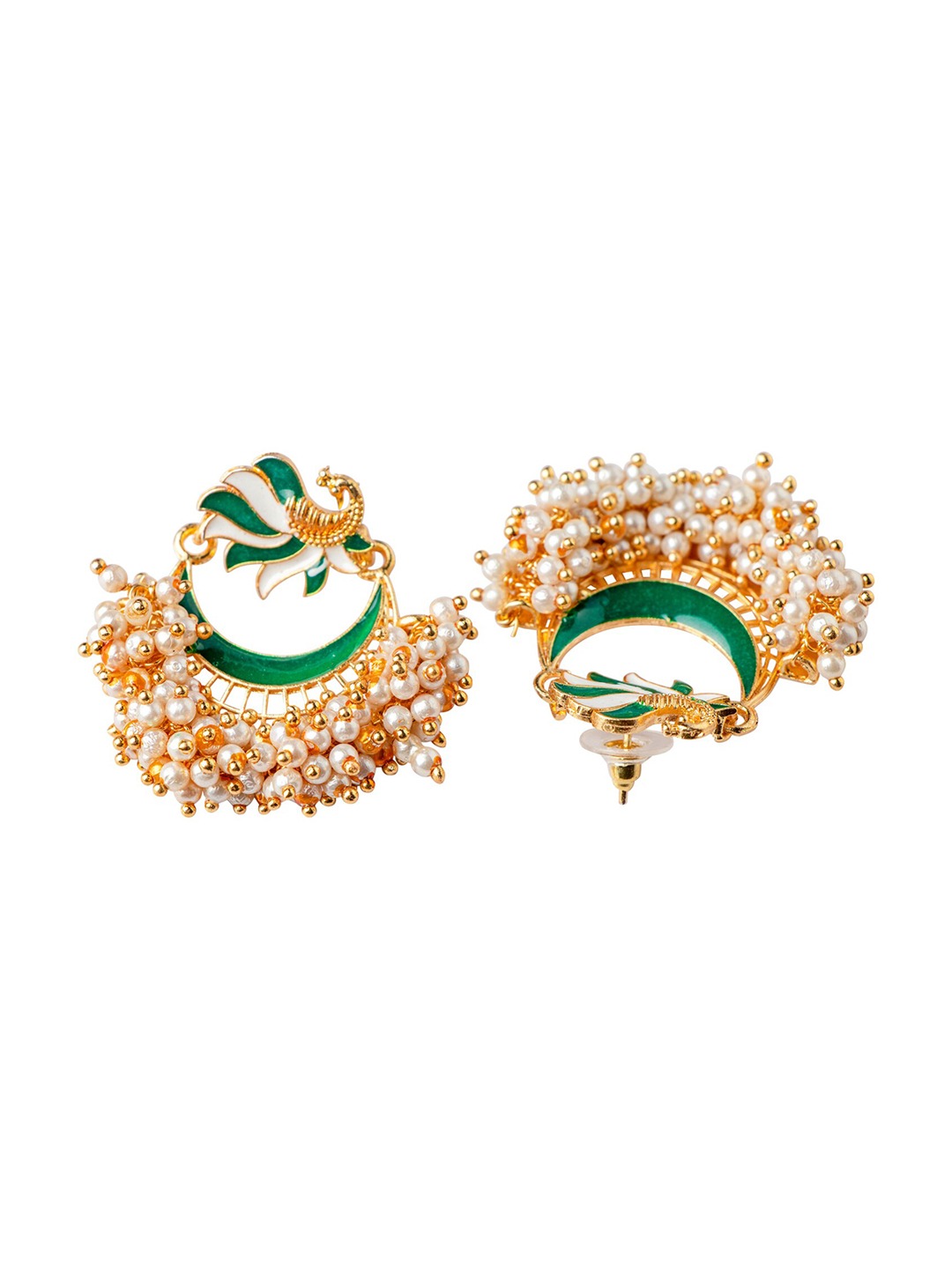 Women's Green Gold-Toned Pearl Beaded Enamelled Peacock Shaped Chandbali Earring - Morkanth