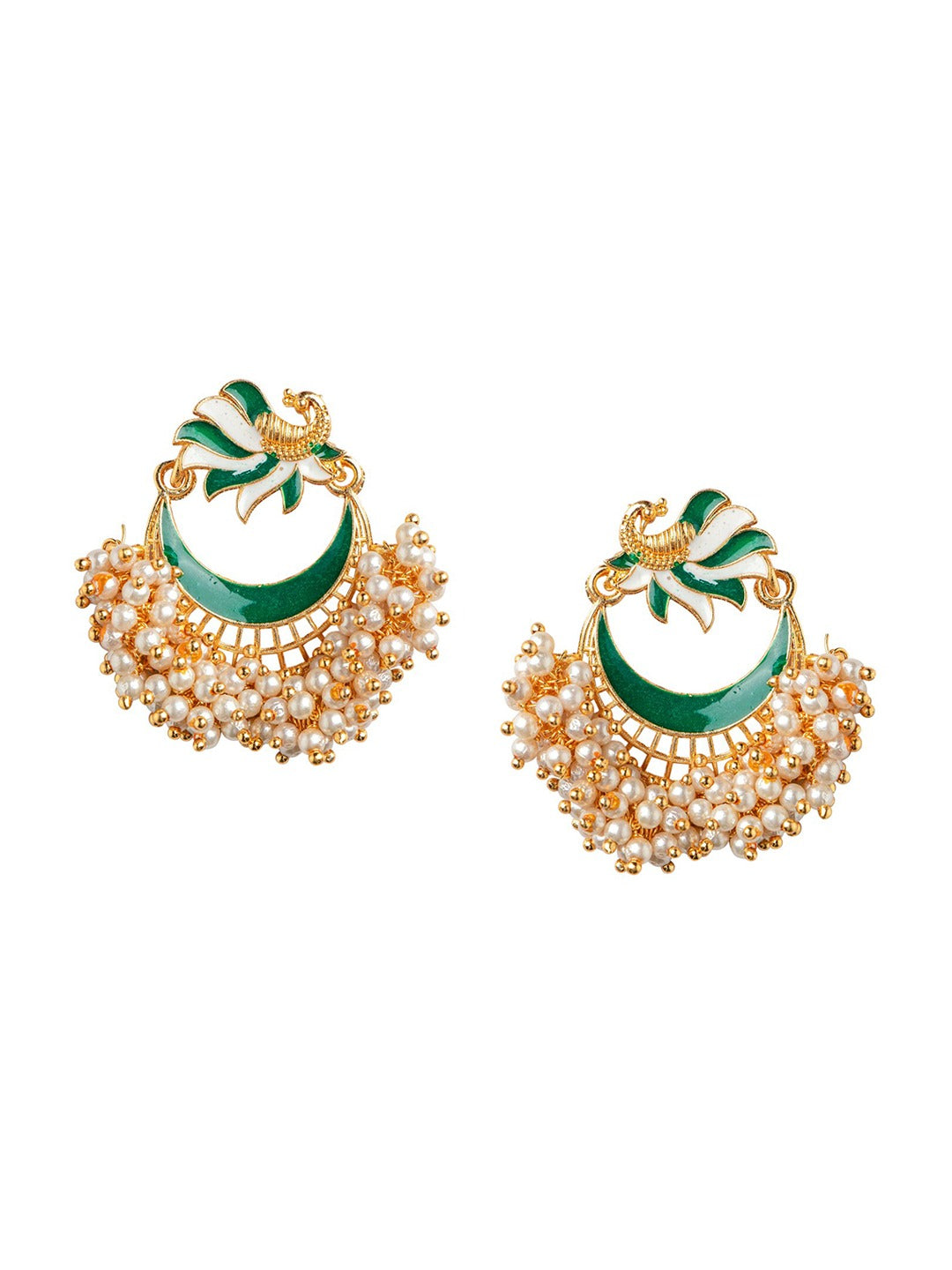 Women's Green Gold-Toned Pearl Beaded Enamelled Peacock Shaped Chandbali Earring - Morkanth