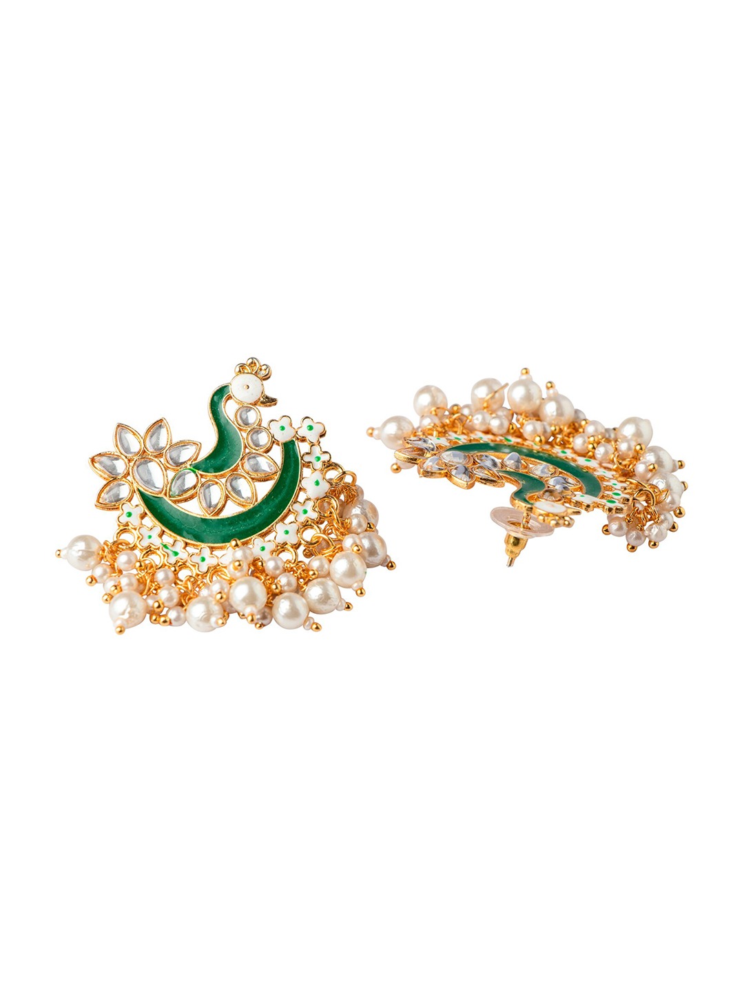 Women's Green Gold-Toned Pearl Beaded Enamel Peacock Shaped Chandbali Earring - Morkanth