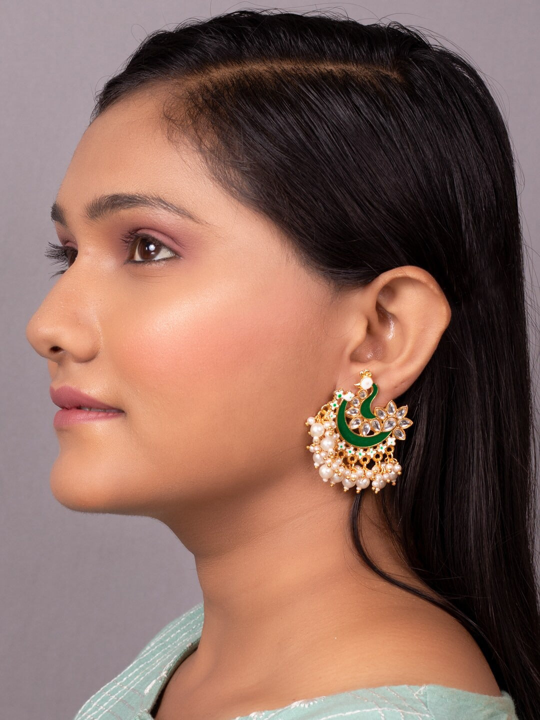Women's Green Gold-Toned Pearl Beaded Enamel Peacock Shaped Chandbali Earring - Morkanth