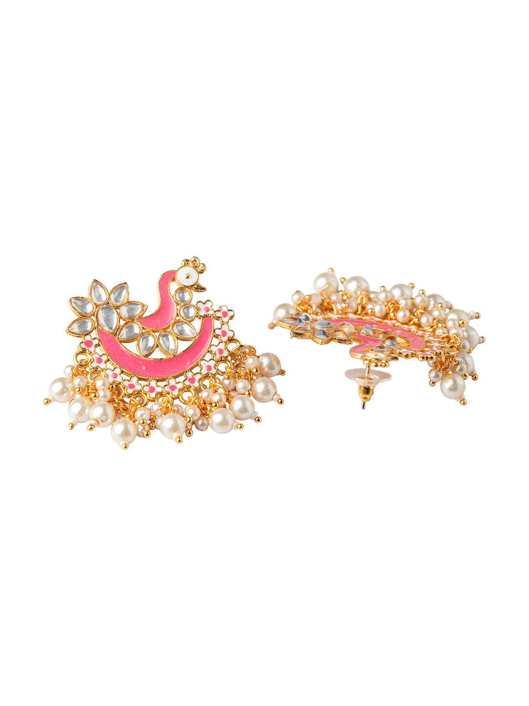 Women's Pink Gold-Toned Pearl Beaded Enamel Peacock Shaped Chandbali Earring - Morkanth