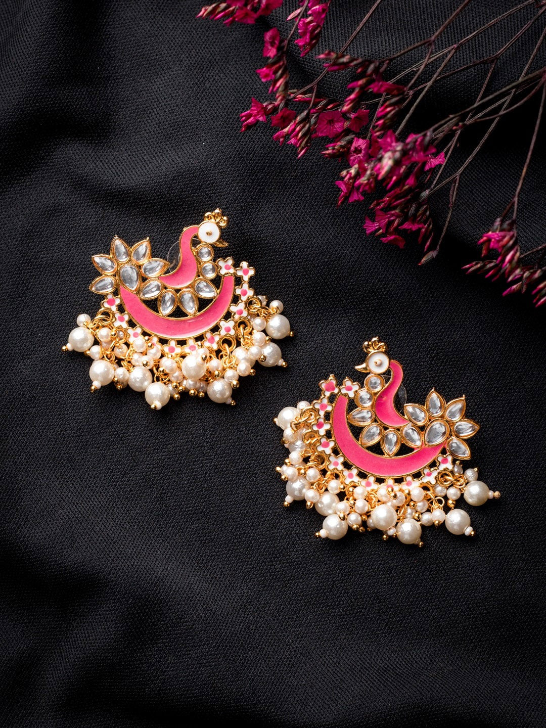 Women's Pink Gold-Toned Pearl Beaded Enamel Peacock Shaped Chandbali Earring - Morkanth