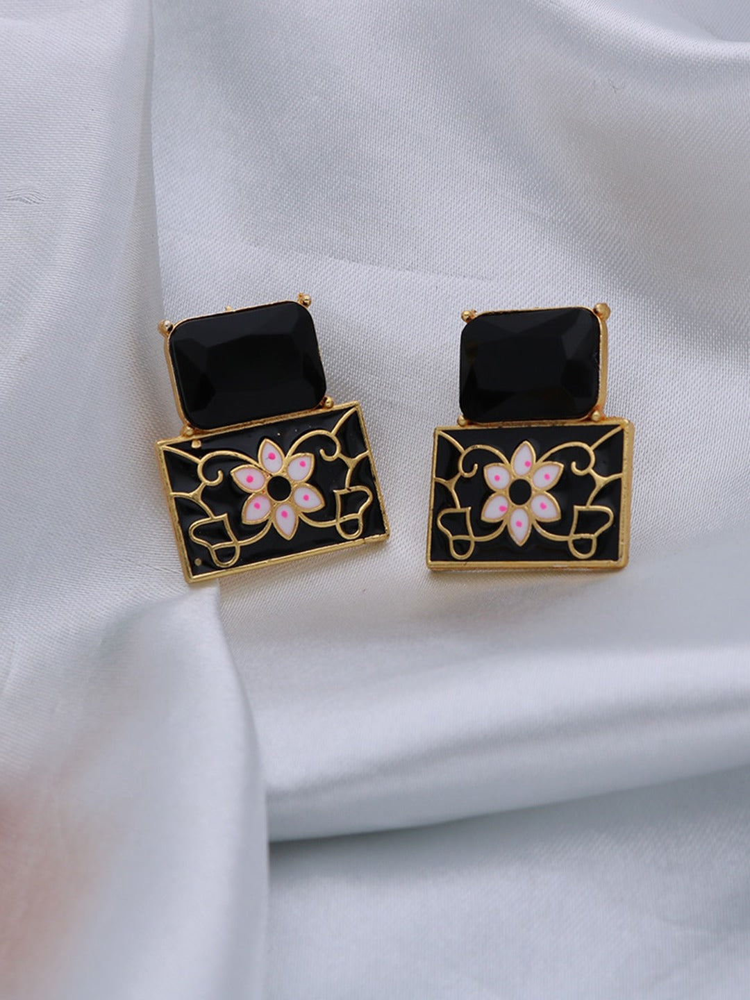 Women's Black & Gold Plated Handcrafted Square Studs Earrings - Morkanth