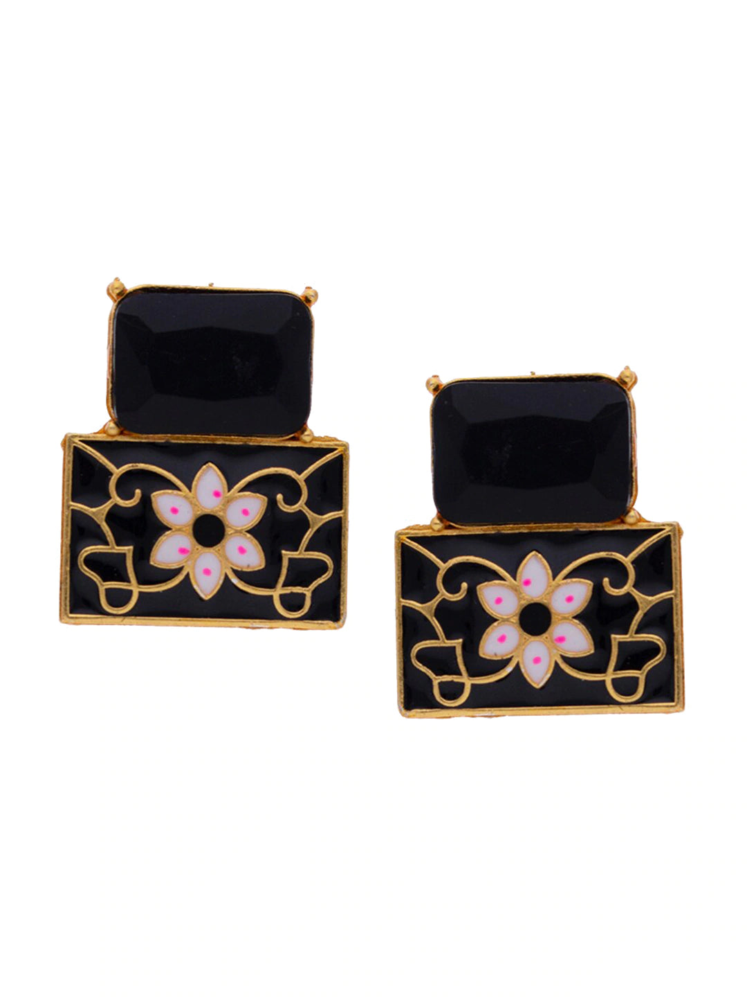 Women's Black & Gold Plated Handcrafted Square Studs Earrings - Morkanth