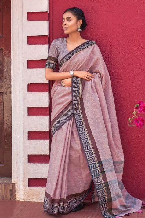 Women's Lilac Purple Linen Saree - Karagiri