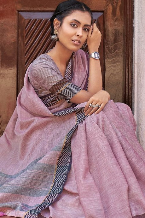 Women's Lilac Purple Linen Saree - Karagiri