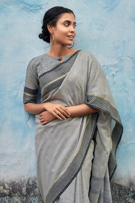 Women's Grey Linen Saree - Karagiri