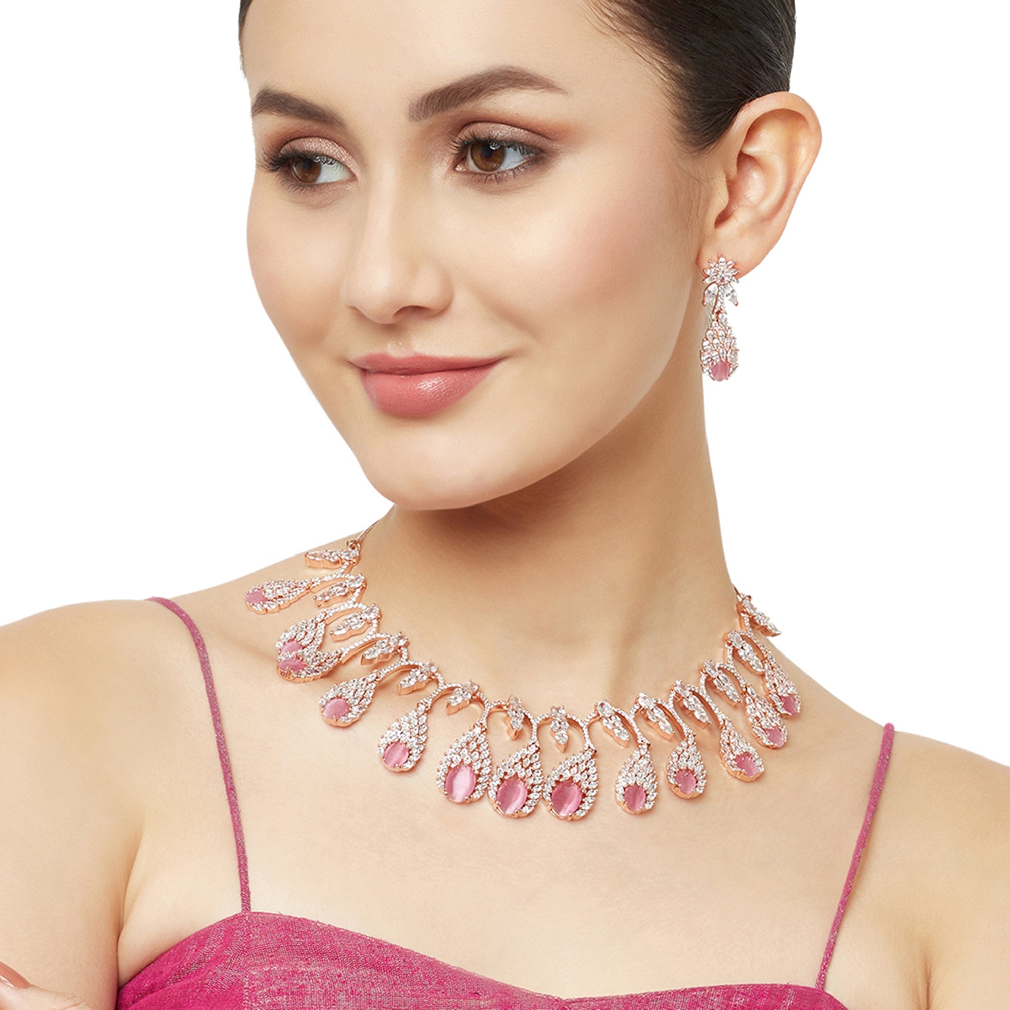 Women's Pink And White Teardrop Jewellery Set - Voylla