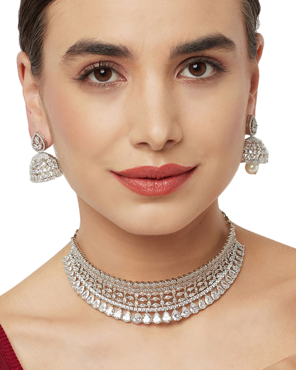 Women's Cz Elegance Silver Plated Shiny Necklace Set - Voylla