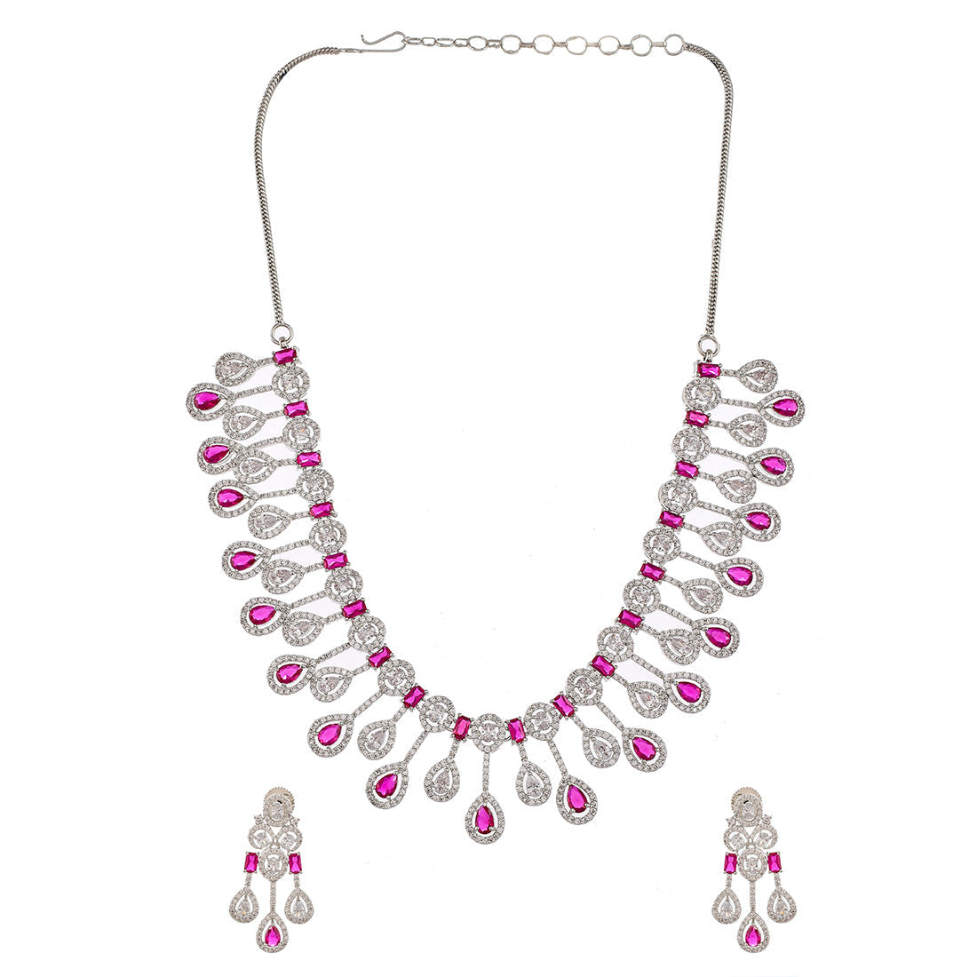Women's Sparkling Elegance Pink Silver-Plated Necklace Set - Voylla
