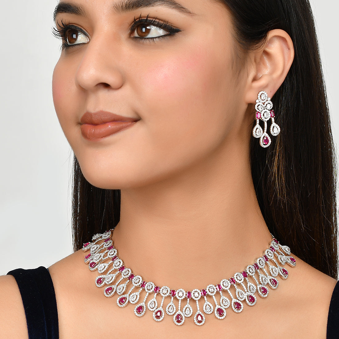Women's Sparkling Elegance Pink Silver-Plated Necklace Set - Voylla