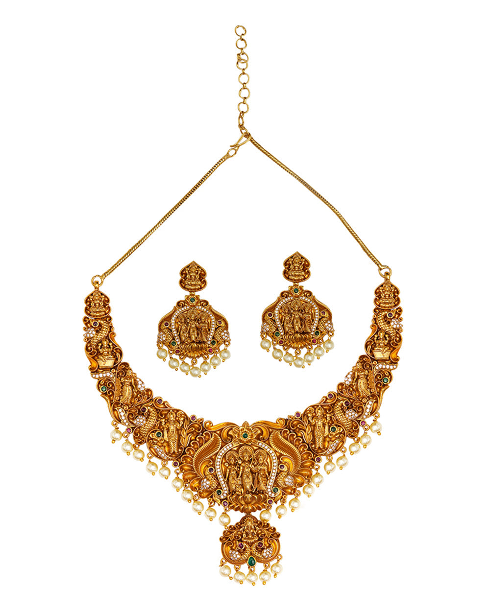Women's Divine Motifs Faux Pearls Adorned Brass Traditional Gold Plated Jewellery Set - Voylla