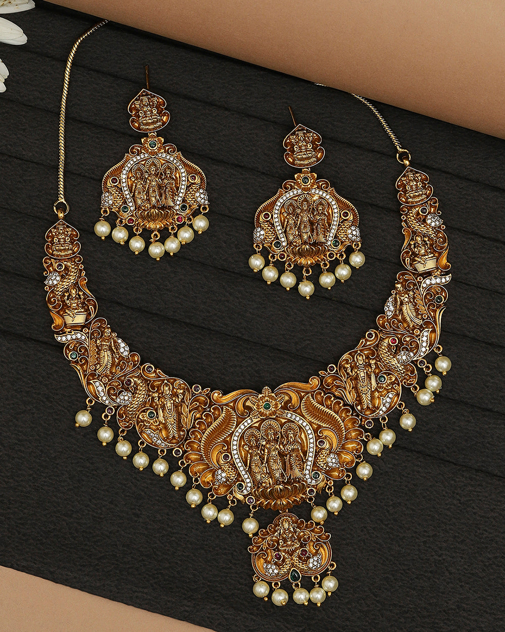 Women's Divine Motifs Faux Pearls Adorned Brass Traditional Gold Plated Jewellery Set - Voylla