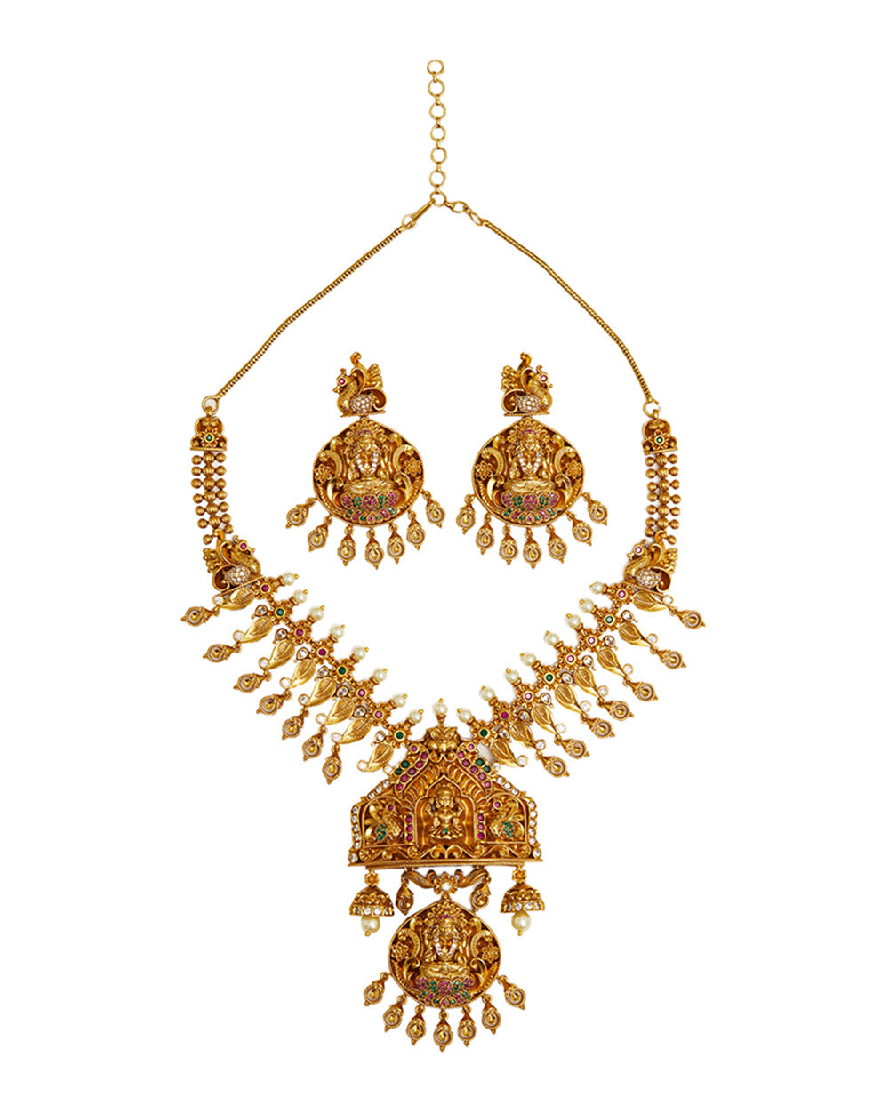 Women's Goddess Lakshmi Motif Adorned Brass Heavily Embellished Gold Plated Jewellery Set - Voylla