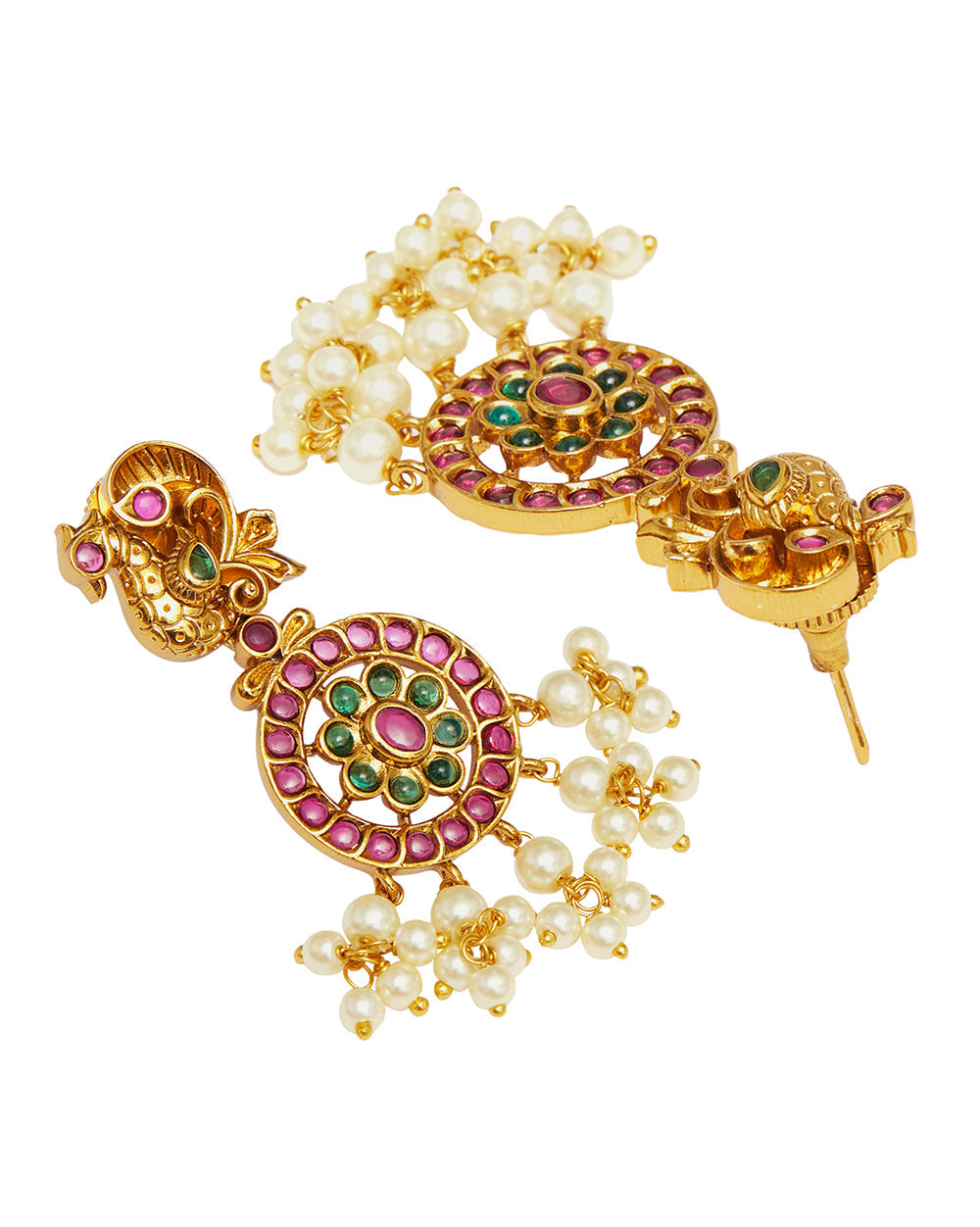 Women's Round Cut Gems And Faux Pearls Embellished Brass Ethnic Gold Toned Jewellery Set - Voylla