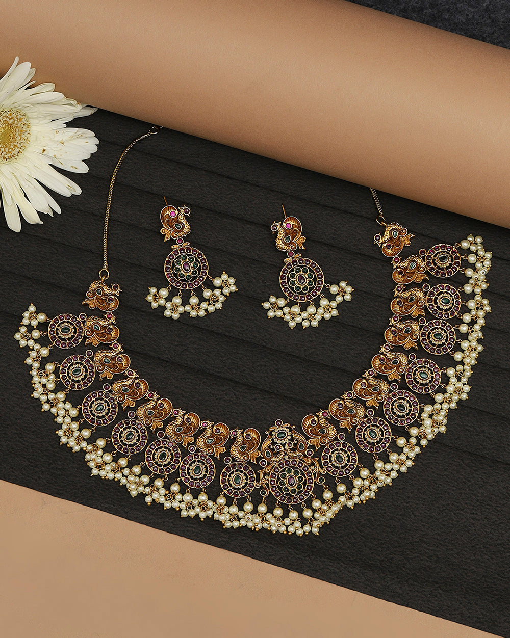 Women's Round Cut Gems And Faux Pearls Embellished Brass Ethnic Gold Toned Jewellery Set - Voylla