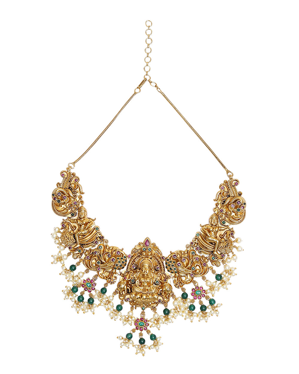 Women's Temple Jewellery Designs Inspired Brass Heavily Embellished Gold Plated Jewellery Set - Voylla