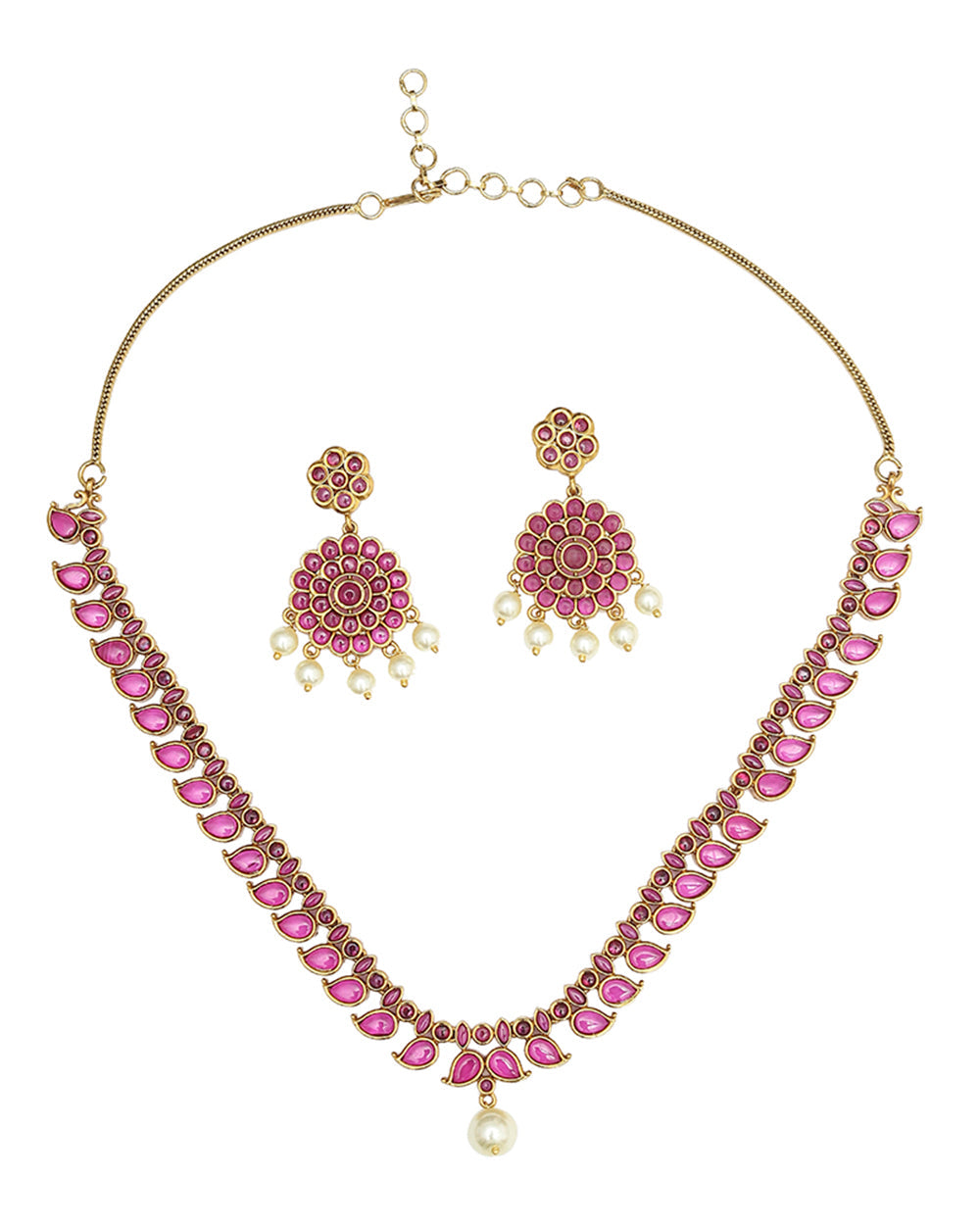 Women's Paisley And Floral Motifs Cz And Faux Pearls Brass Gold Plated Jewellery Set - Voylla
